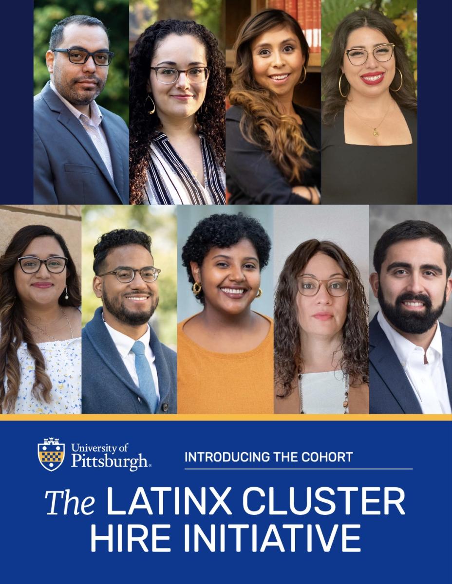 cover of Latinx Cluster Hire Initiative, nine cohort members with title below with the words Introducing the Cohort