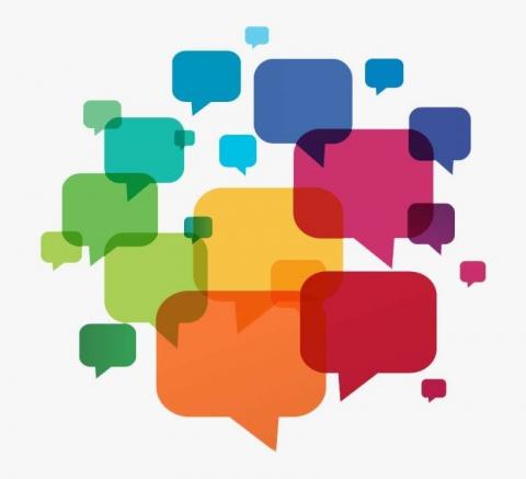 Overlapping speech bubbles in various bright colors.