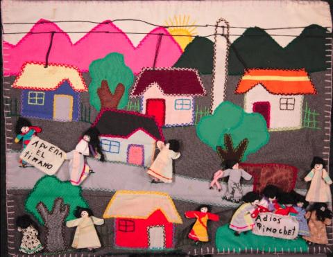 ¡Adiós Pinochet! / Good bye Pinochet! Chilean arpillera, Anonymous, 1980c Conflict Textiles collection Photo Colin Peck, © Conflict Textiles