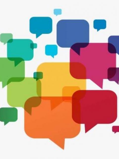 Overlapping speech bubbles in various bright colors.