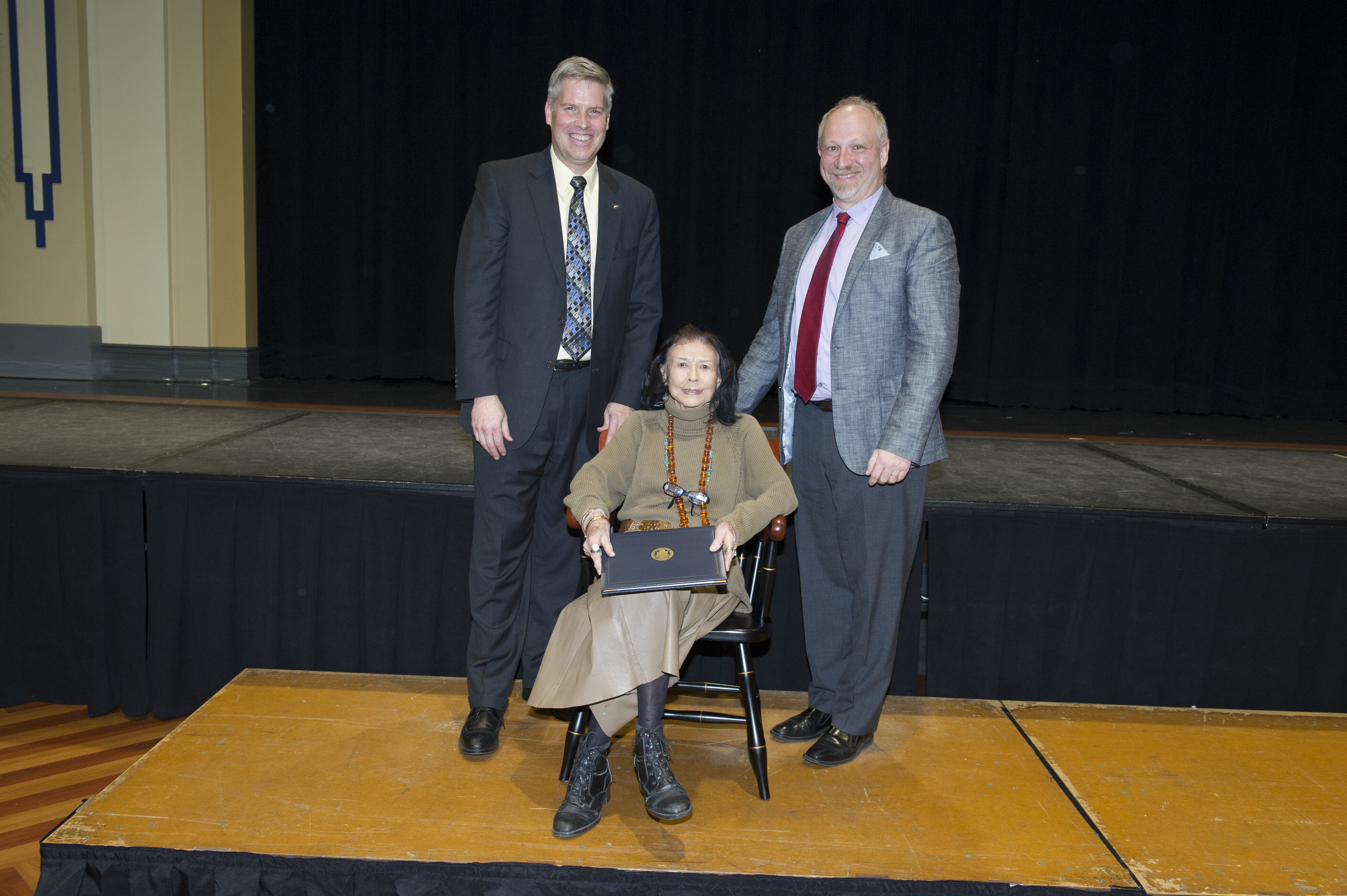 Chancellor Gallagher and Vice Provost Ariel Armony with Maxine Bruhns